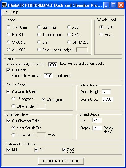 Hammer Performance chamber machining program screenshot