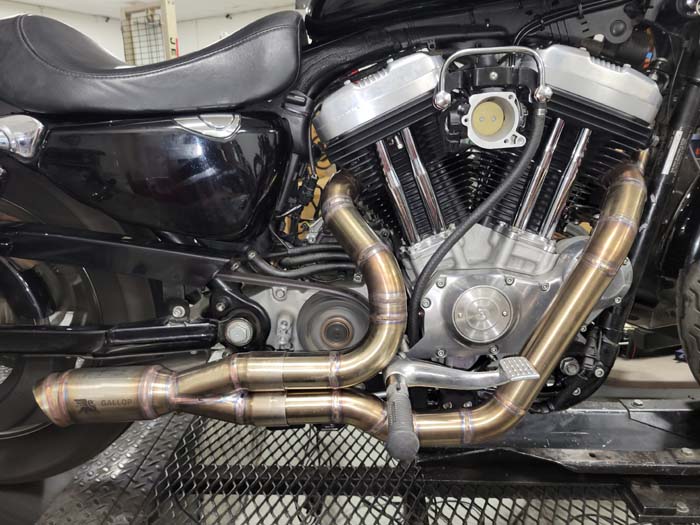 Gallop Badlands two into one Sportster exhaust system side view