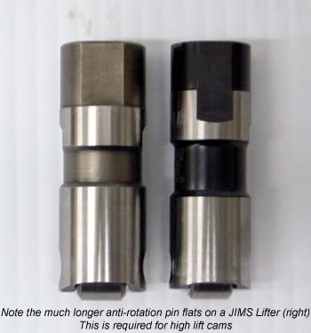 A Stock Harley lifter next to a JIMS lifter showing the difference in length between the anti-rotation pin flats