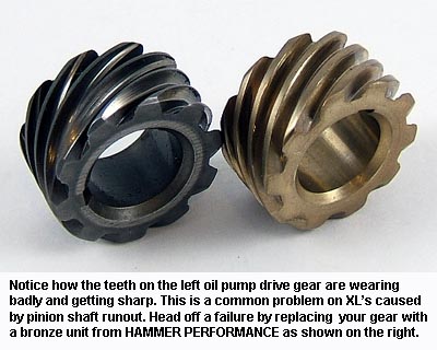 A worn out Sportster oil pump drive gear and a new bronze version